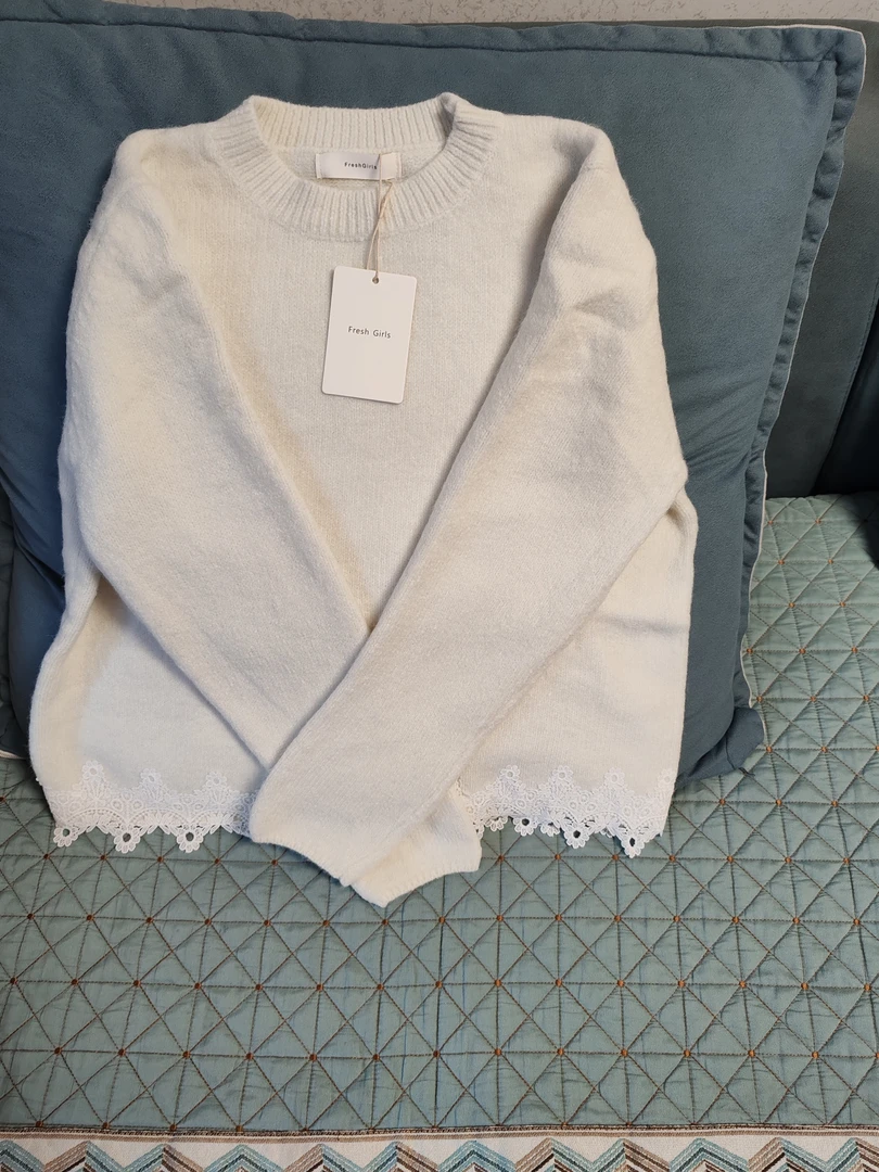 上衣女装毛针织衫冬季百搭圆领长袖打底衫拼接白色镂空套头