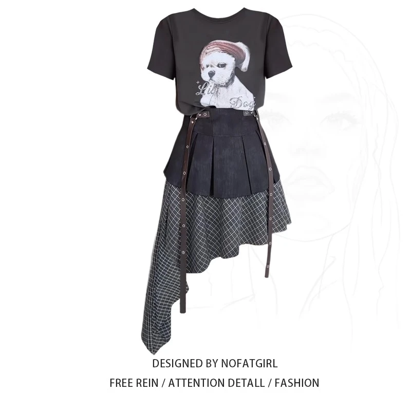 夏季穿搭一整套高级感洋气套装大码胖mm短袖T恤搭配不规则半身裙