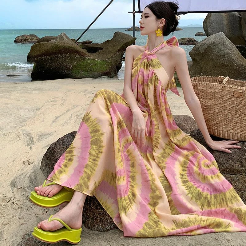 多巴胺夏季绝美印花挂颈吊带洋装高级感系带露背海边度假沙滩裙