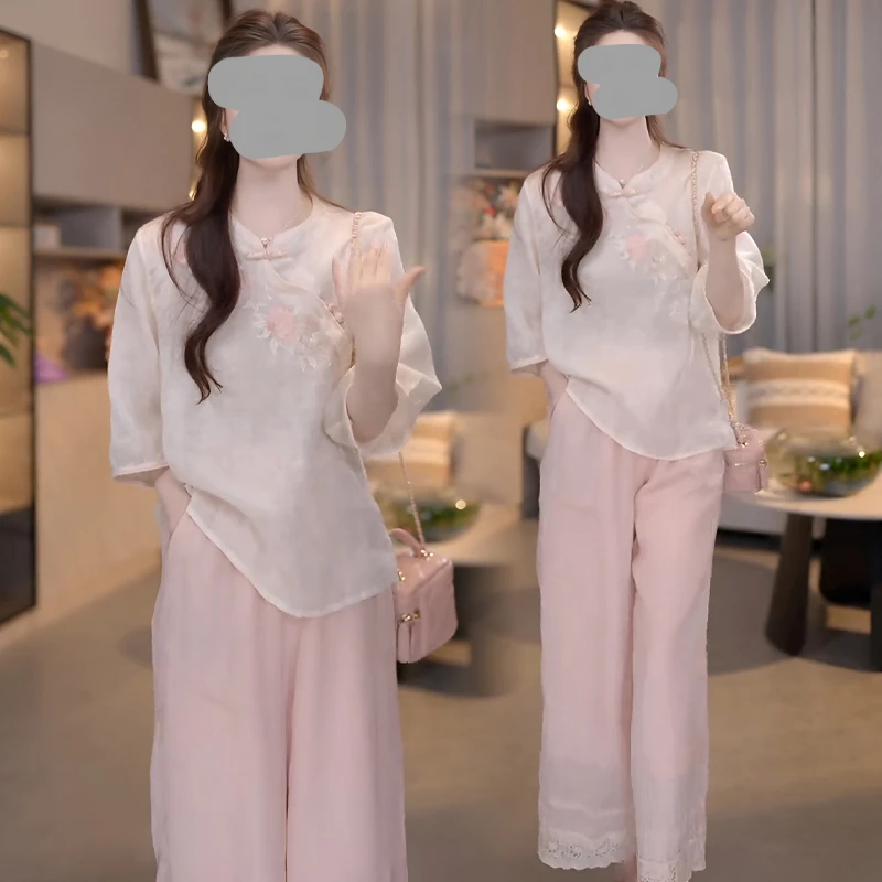 夏季休闲洋气穿搭女2025新款新中式国风改良刺绣上衣阔腿裤两件套