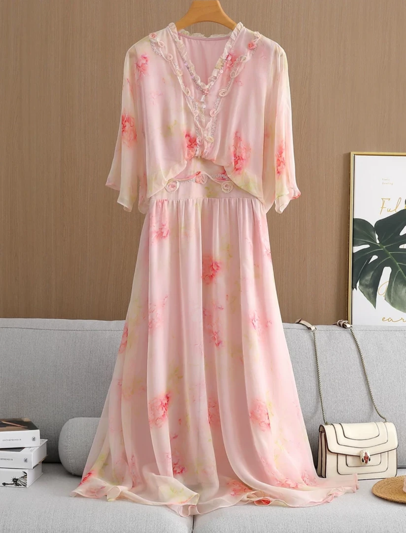 静奢风桑蚕丝印花夏季V领薄款显瘦长款连衣裙碎花长裙气质裙子