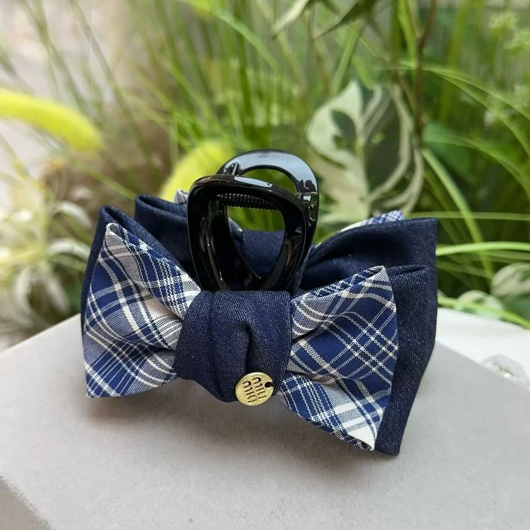 【西部牛仔】系列新款时尚百搭蓝色牛仔格子蝴蝶结高八抓夹2536