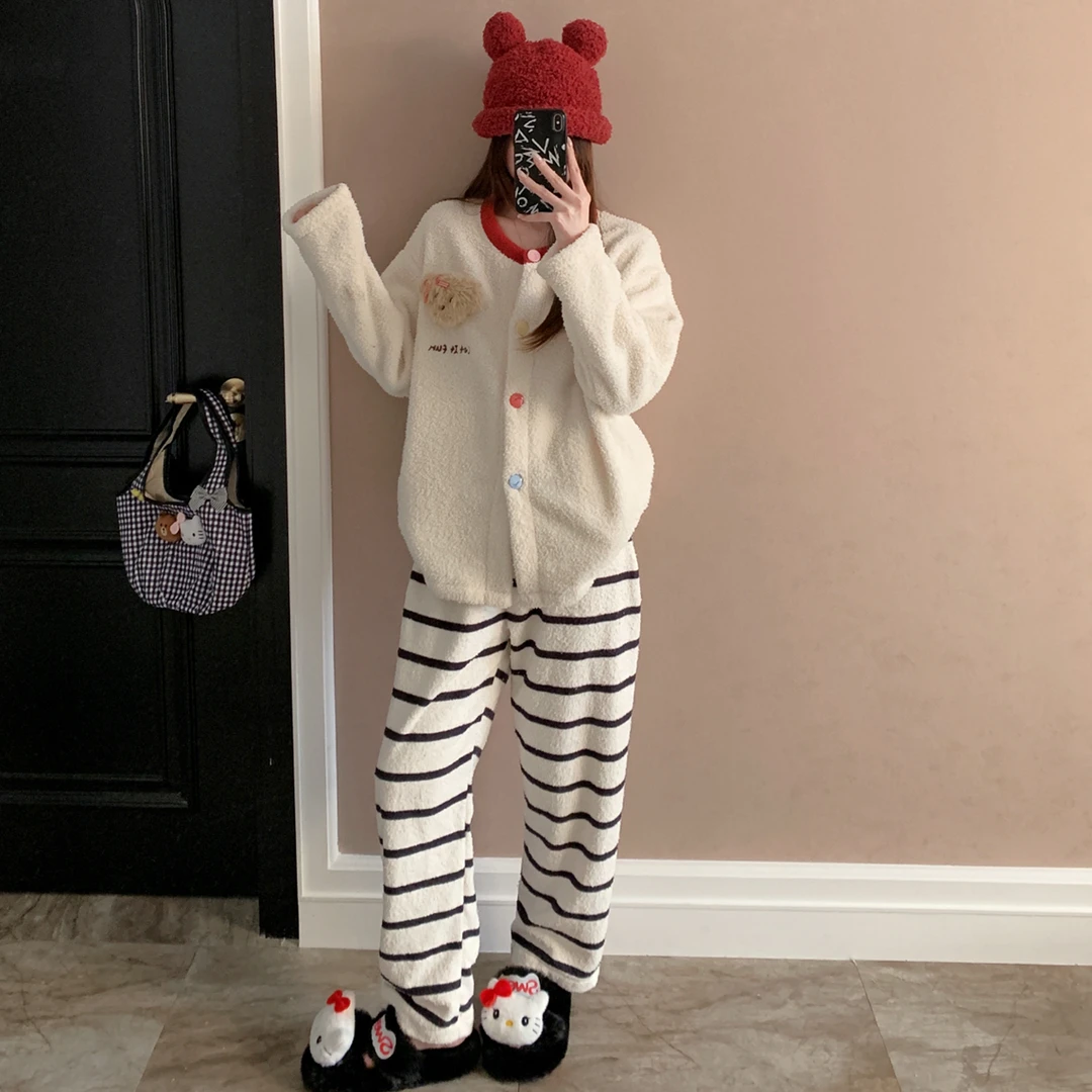 可外穿半边绒睡衣女生新款冬季加厚保暖韩系休闲珊瑚绒家居服套装
