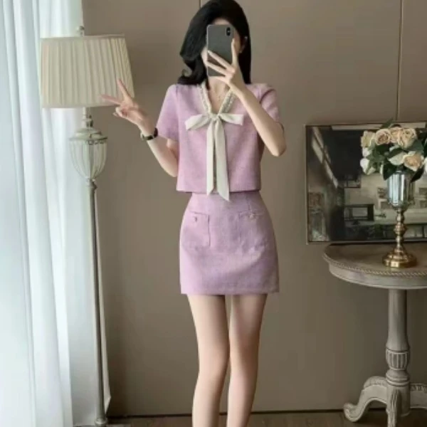 【25019-1】夏季小香风套装短款短袖上衣雪纺拼接老钱风松弛感女装