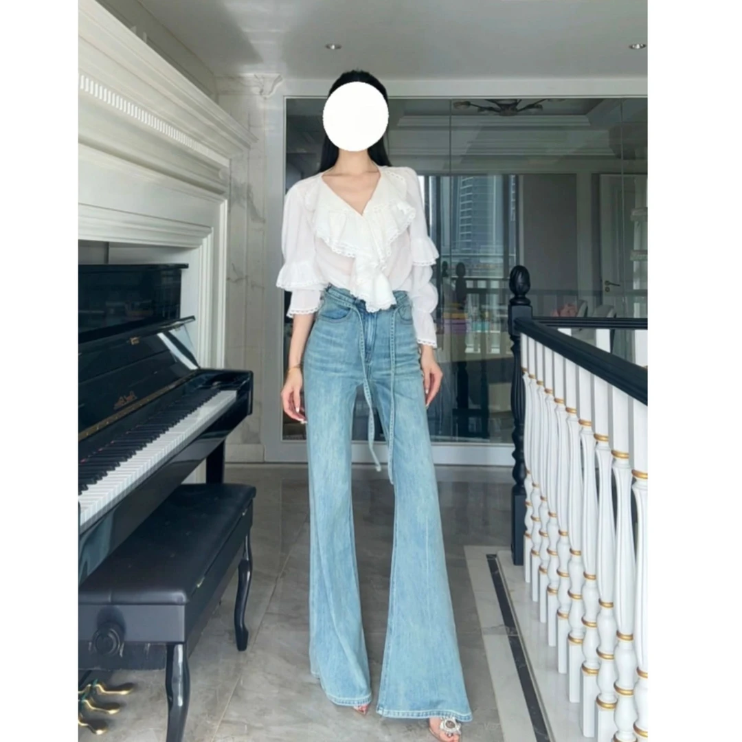 现货【Bu退换】早春浅蓝色高腰微弹立体线不贴腿喇叭裤