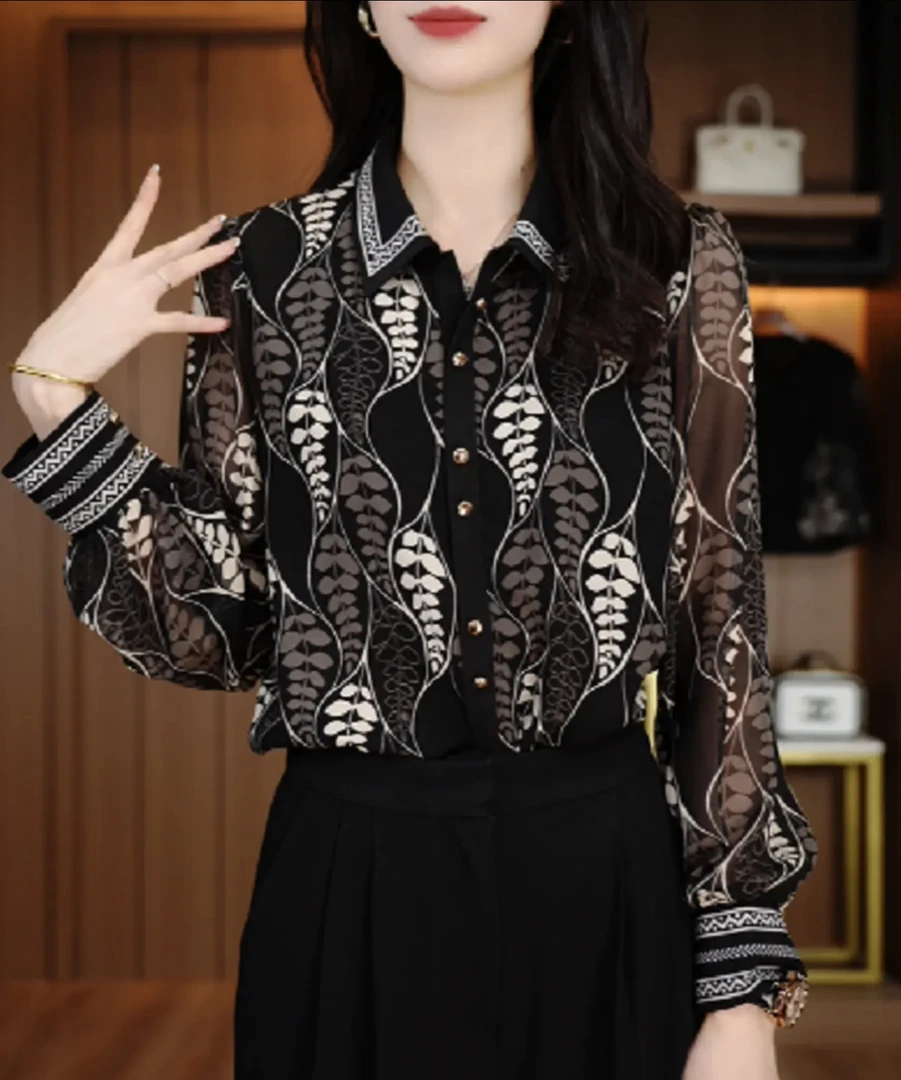 气质翻领印花衬衫开衫秋季新款时尚洋气百搭减龄显瘦长袖女