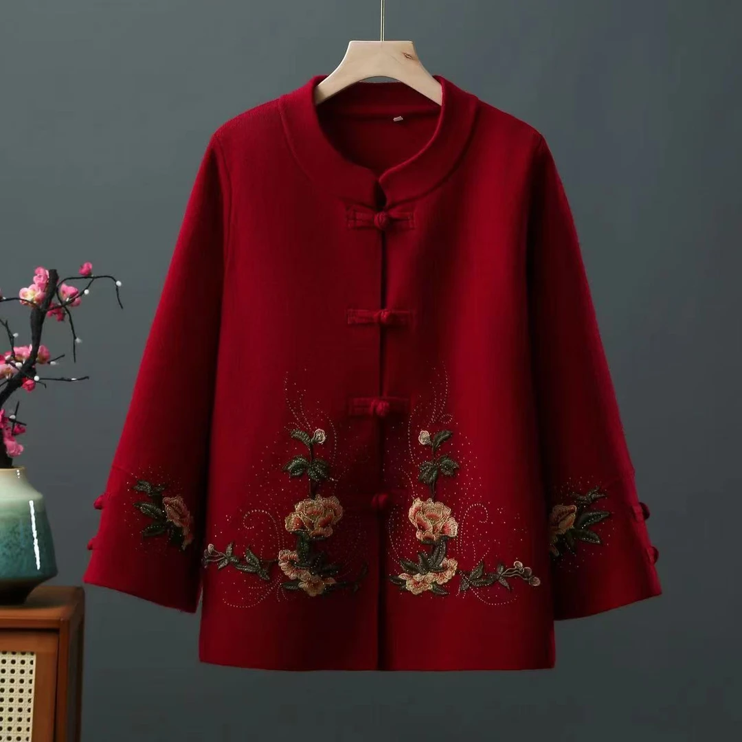 民族风气质中老年喜婆婆加厚中国风绣花复古妈妈装中式唐装外套