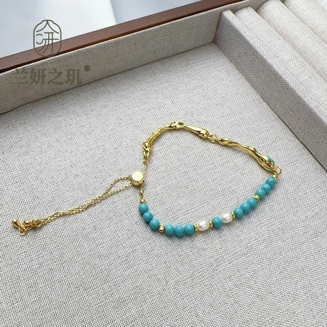 淡水珍珠 4mm天然石绿松石珍珠手链半镯手串时尚新中式国风 8988