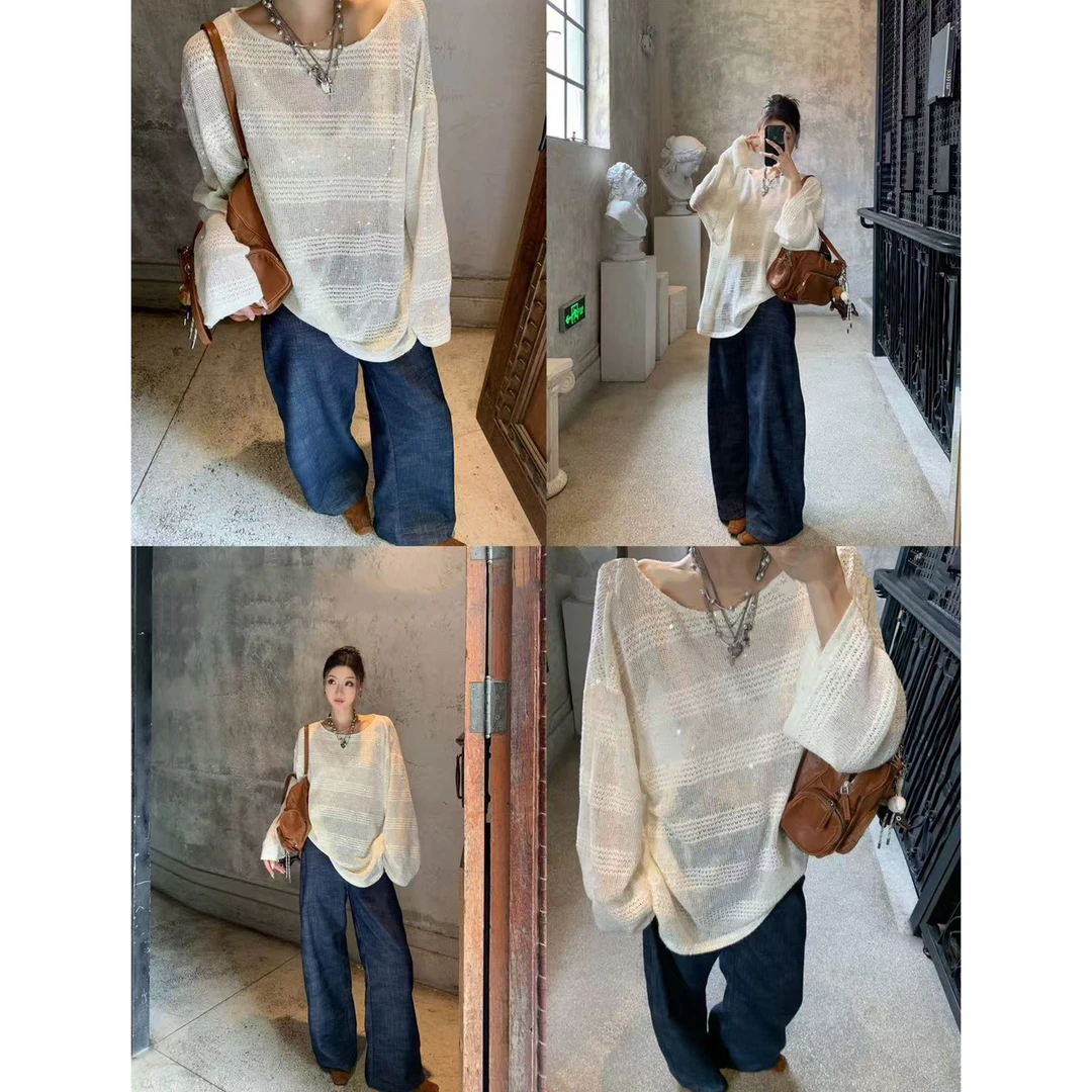 轻透繁星 闪闪针织镂空微透上衣罩衫Q 9100#