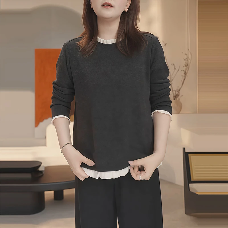 韩系别致休闲拼接长袖T恤女装秋季新款宽松遮肉打底衫上衣潮