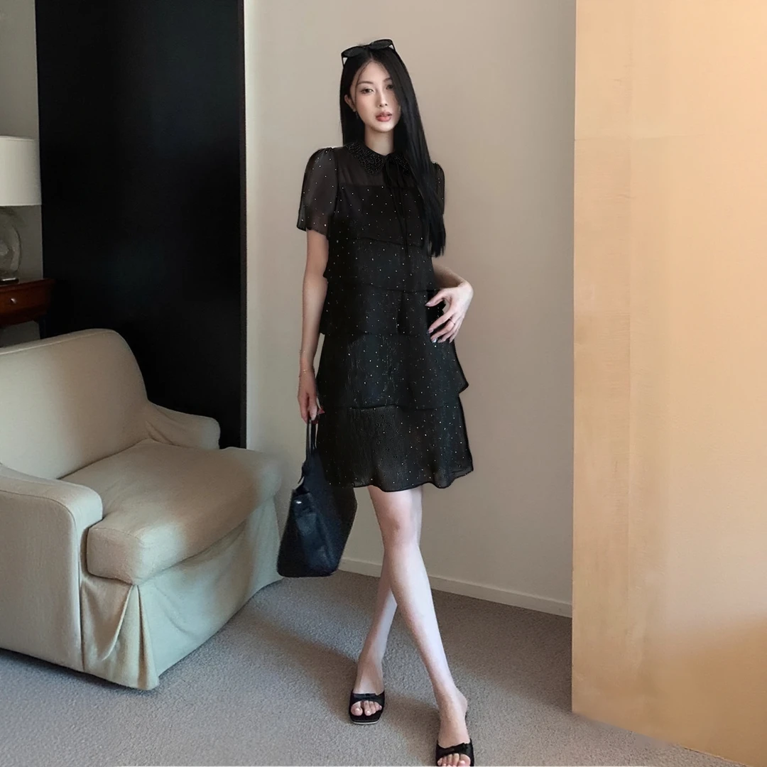 A【有里布】2025夏季新时尚甜美显瘦显高小个子黑色连衣裙女D2419