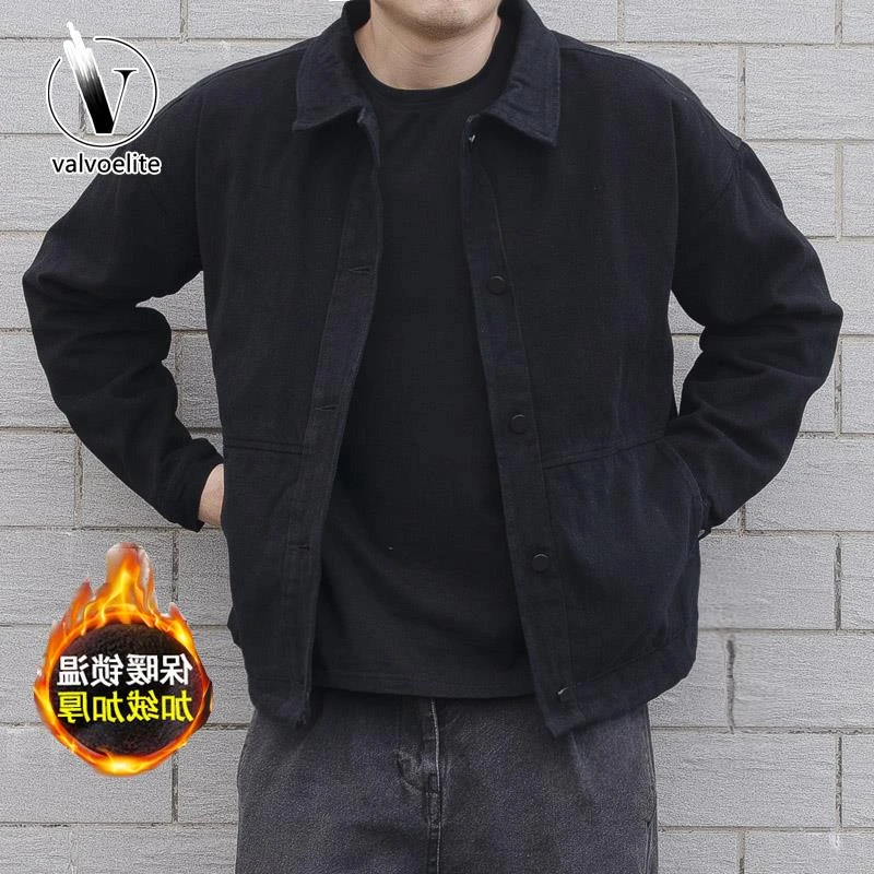 VALVOELITE日系覆古秋冬牛仔外套男士加绒加厚宽松工装褂子夹克潮