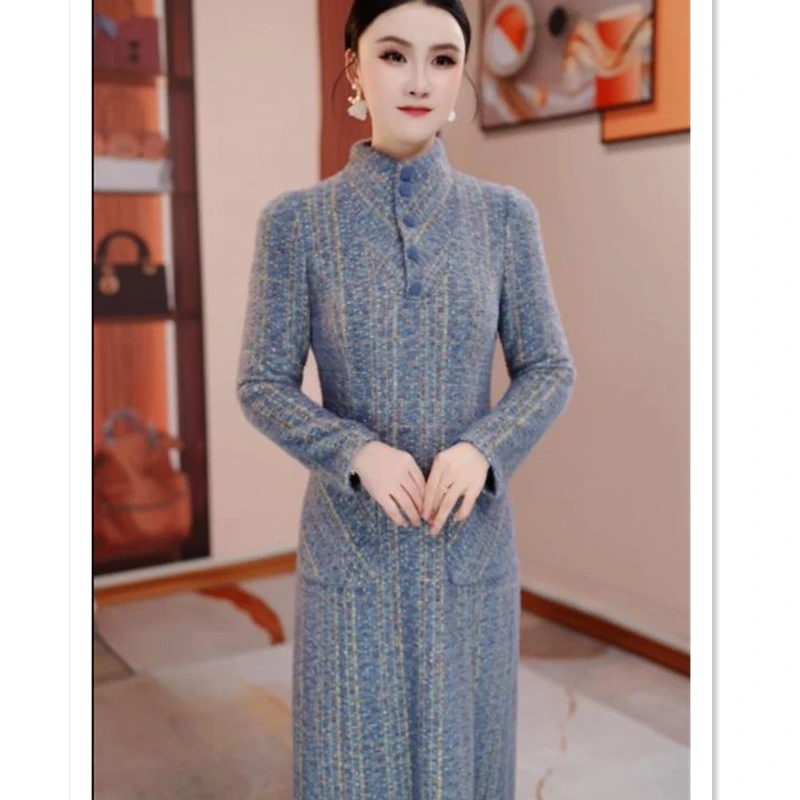 冬季蓝色条纹加厚修身显瘦遮肉连衣裙H5B512气质高雅2025新款复古