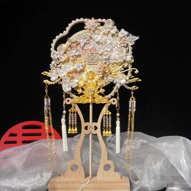 中式婚礼香槟色双面团扇新娘喜扇材料包手工DIY成品出嫁婚扇礼盒