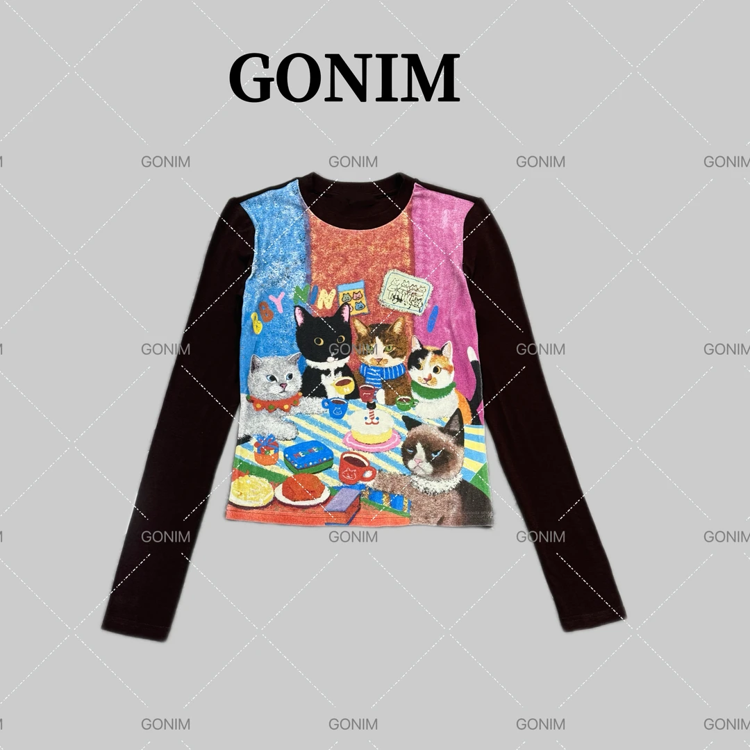 Gonim·"色彩猫咪"2025春秋字母时尚百搭重工长袖T恤女