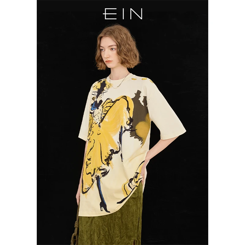 EIN/言【商场同款】时尚涂鸦印花圆领开衩纯棉连衣裙25春夏新款