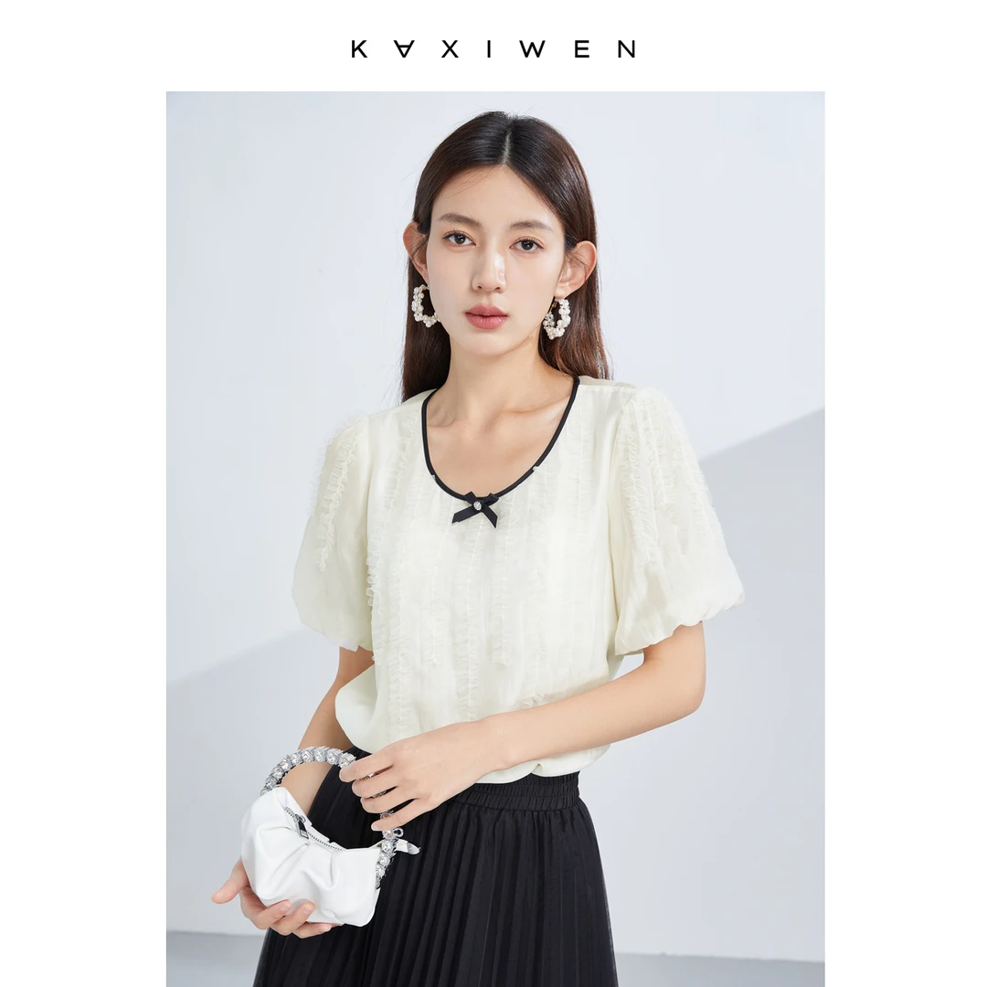 【达人专属】D05DXS6209复古减龄蝴蝶结木耳边天丝衬衫