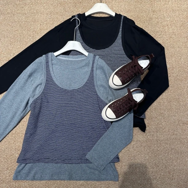 秋季百搭欧货真两件长袖秋冬条纹时尚拼接圆领百搭显瘦上衣3788