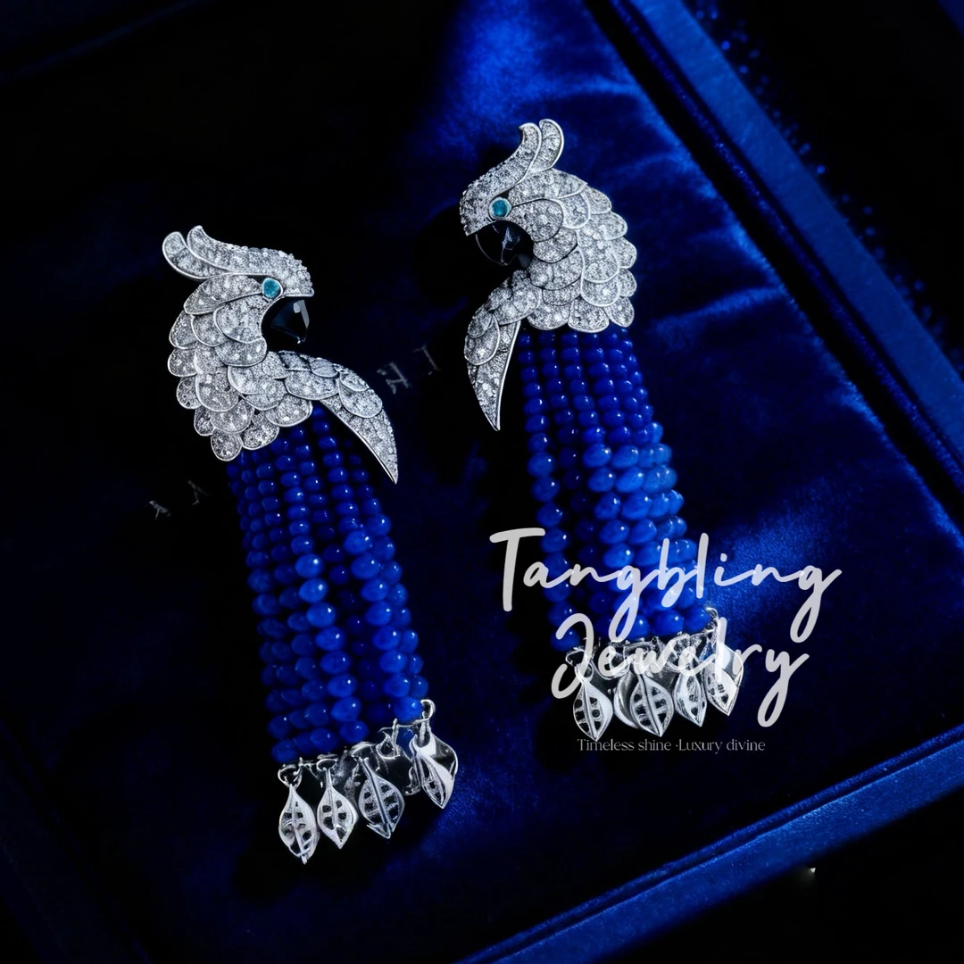 铜合金耳饰 高定 鹦鹉流苏 蓝色高奢重工耳饰高档高级感