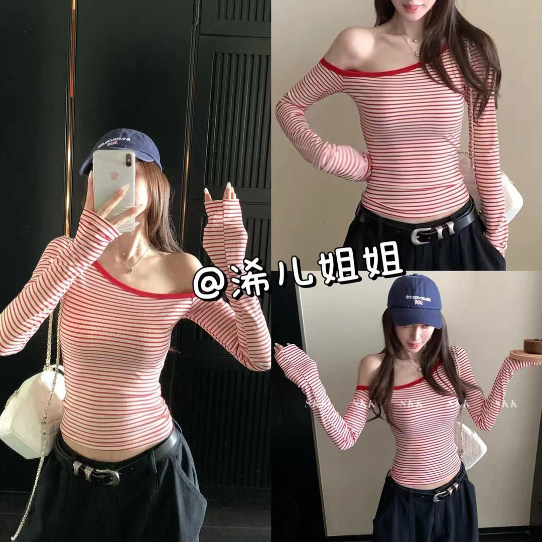 （浠儿家） 淡颜女友 面膜级清凉透气条纹斜肩长袖T恤打底衫女