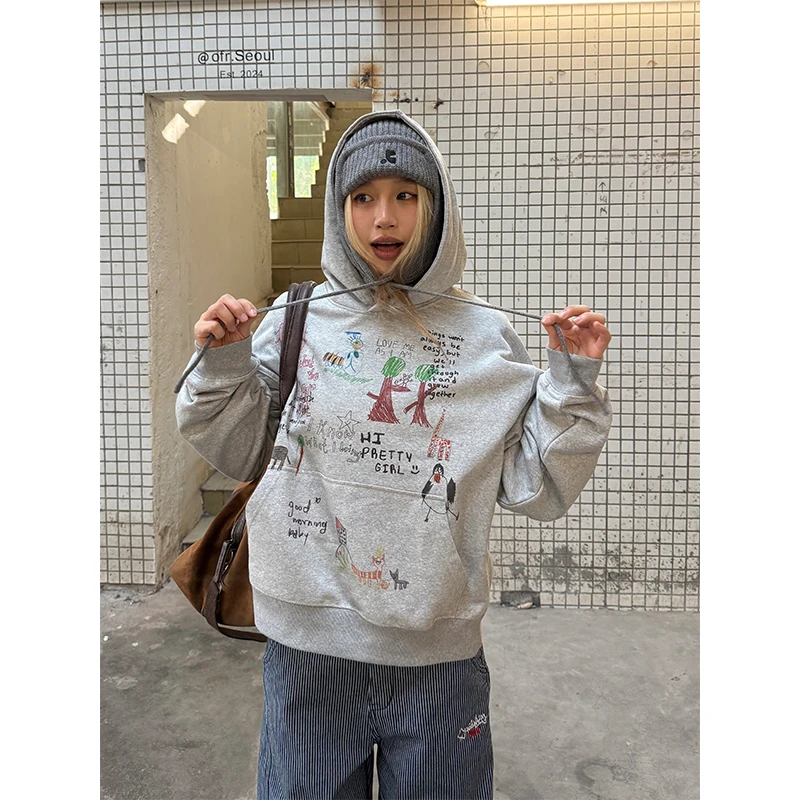 CCYE川川也美式涂鸦加厚卫衣男女宽松连帽套头外套街头小众冬