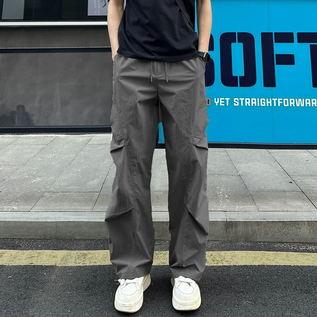 速干长裤子美式高街褶皱潮流直筒休闲裤男夏季薄款宽松户外工装裤