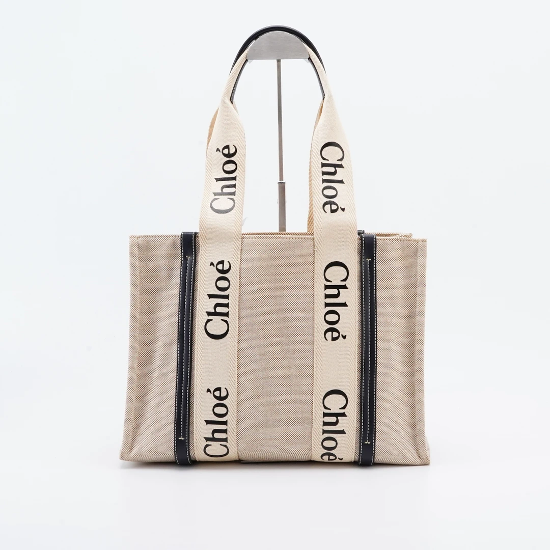 95新 Chloe/蔻依 woody卡其拼色中号托特包/BG23008370