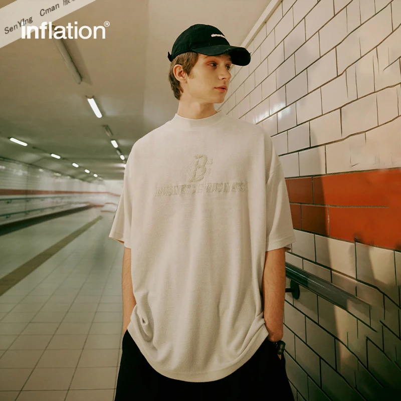 男装肌理刺绣毛巾布T恤2025新品潮牌宽松个性圆领男短袖印花情侣