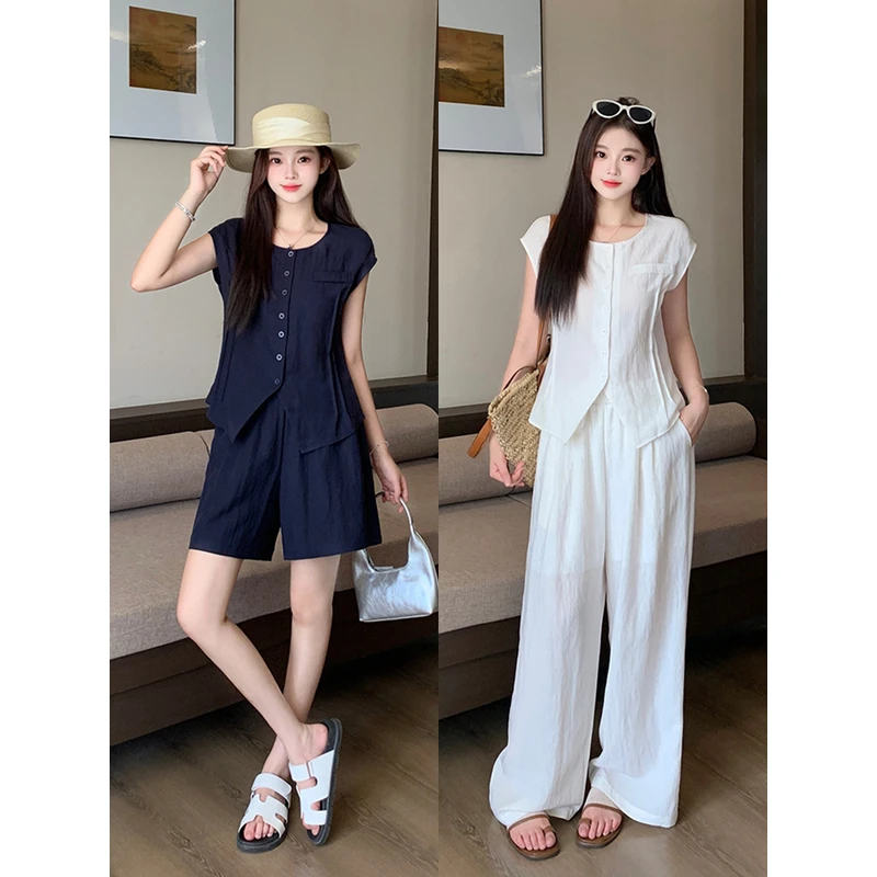 2025夏装新胖mm大码时尚短袖显瘦长短阔腿裤套装甜美可爱风格衣服