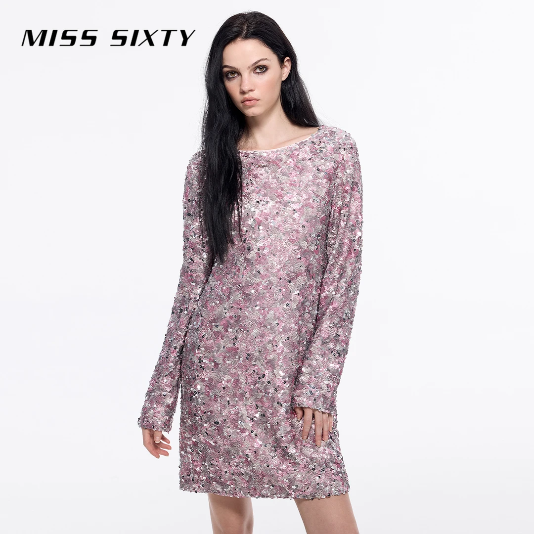 Miss Sixty长袖连衣裙女重工珠片绣闪亮派对气质千金