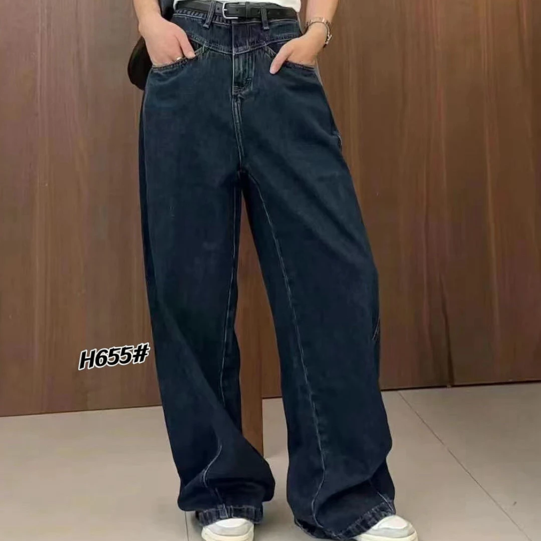 655复古双口袋刺绣设计显瘦阔腿牛仔长裤早秋新款