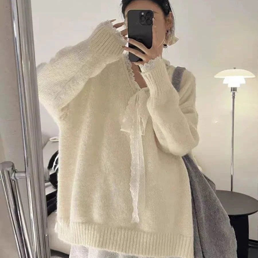 黄色假两件V领蕾丝花边毛衣女秋冬季慵懒风宽松中长款针织衫上衣