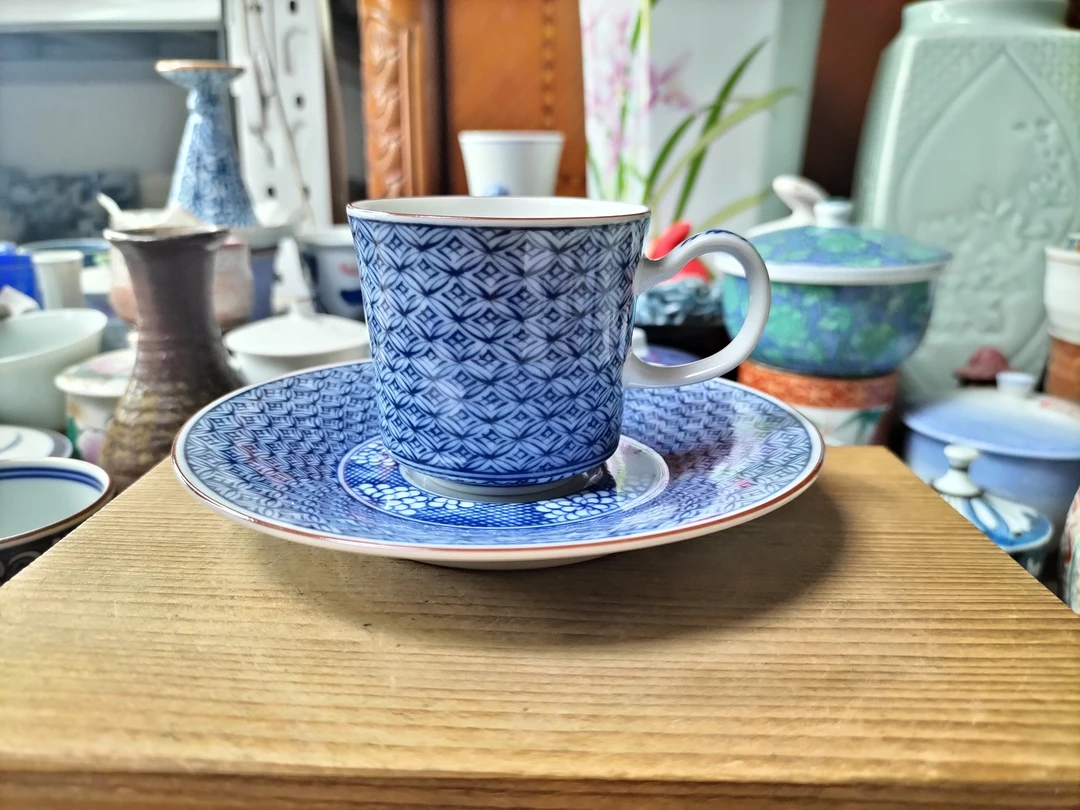 白陶铜钱纹青花复古手绘摩卡咖啡杯01/100-1蓝色手工陶瓷杯碟缠枝