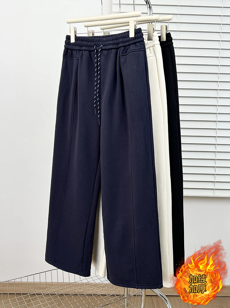 加绒加厚藏蓝色运动裤女秋冬季新款大码胖mm宽松显瘦阔腿休闲卫裤