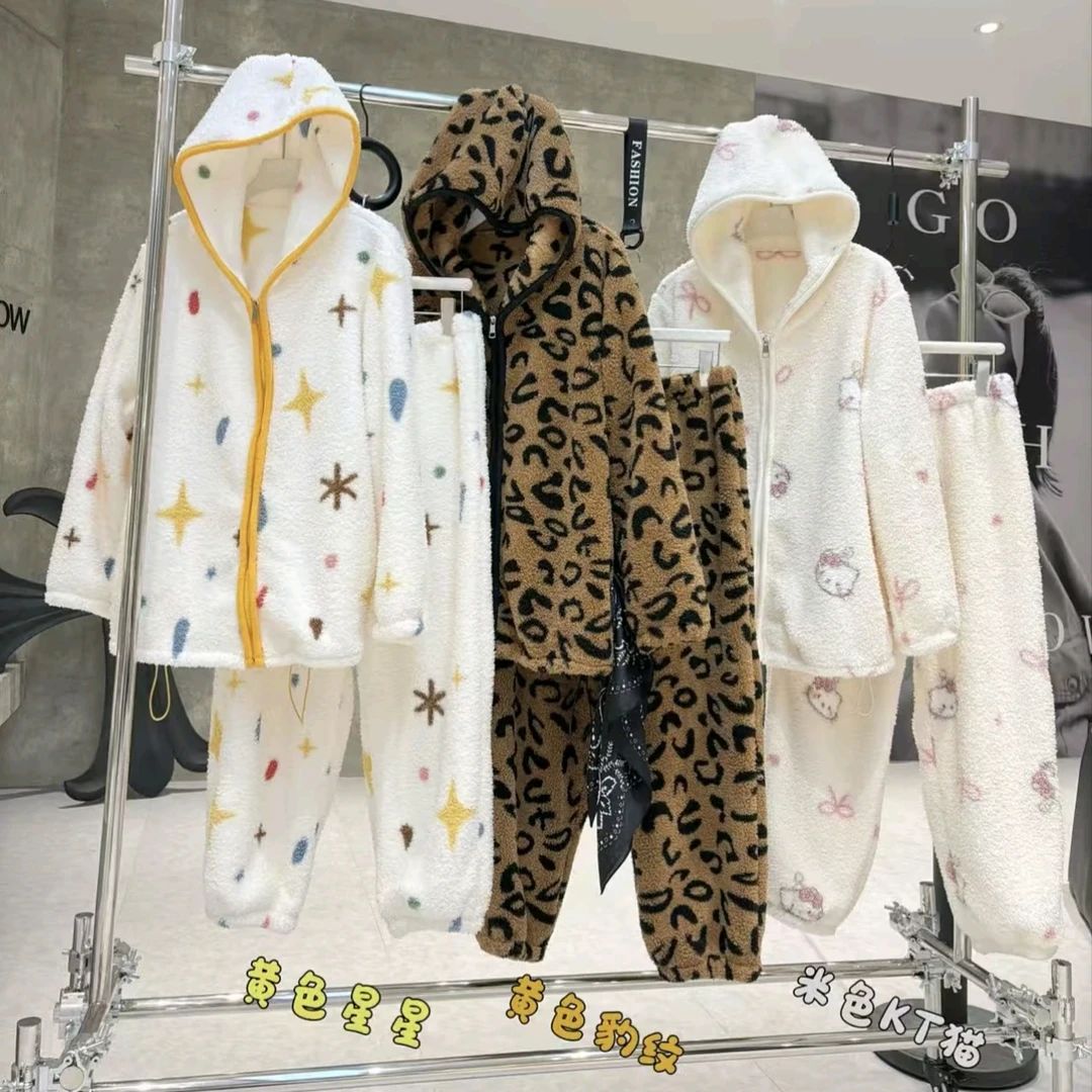 冬季新款卡通豹纹立领拉链加厚保暖长袖长裤家居服套装25215