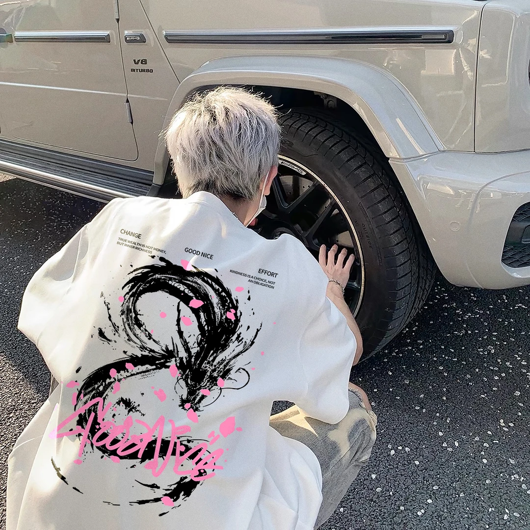 纯棉重磅国潮中国龙印花短袖t恤男夏季宽松型百搭情侣圆领上衣服