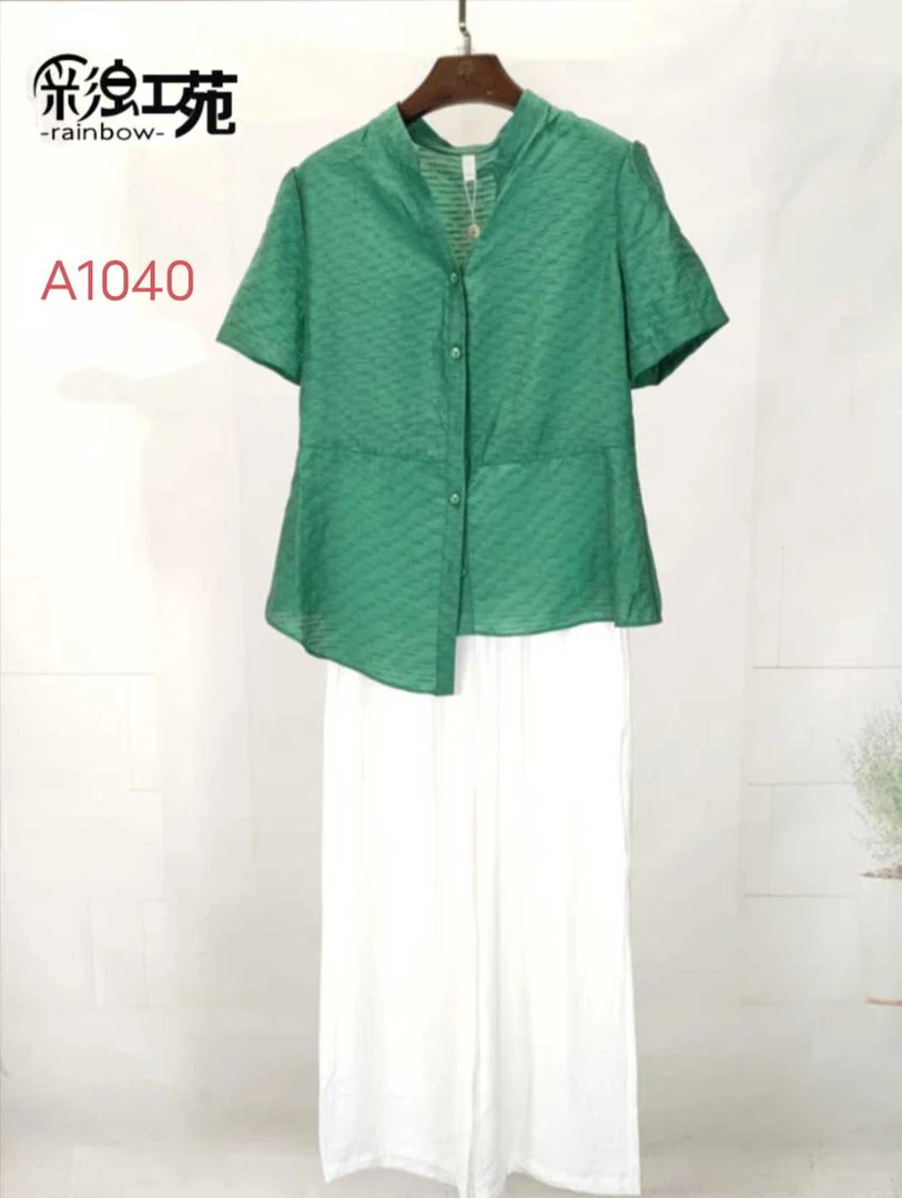 A1040衬衣小衫套装夏季中式薄款休闲风休闲圆领国风套装短袖绿色
