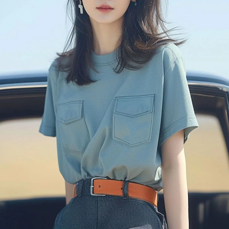 洋气独特超好看小众设计感别致绝美漂亮上衣蓝色正肩短袖t恤女夏