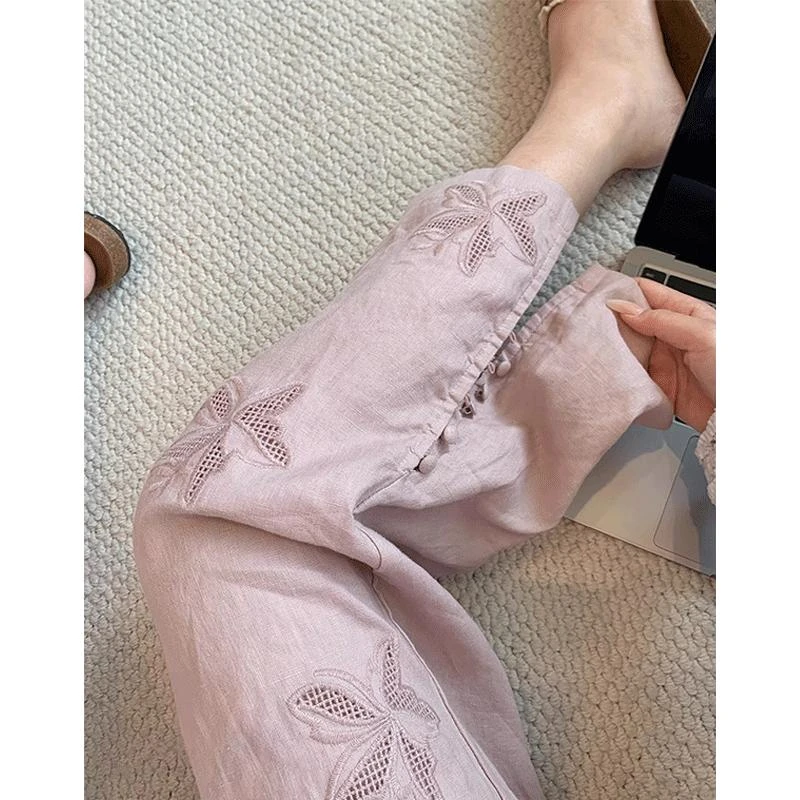 粉色镂空刺绣开叉阔腿裤女2025夏季新款设计感百搭显瘦休闲直筒裤