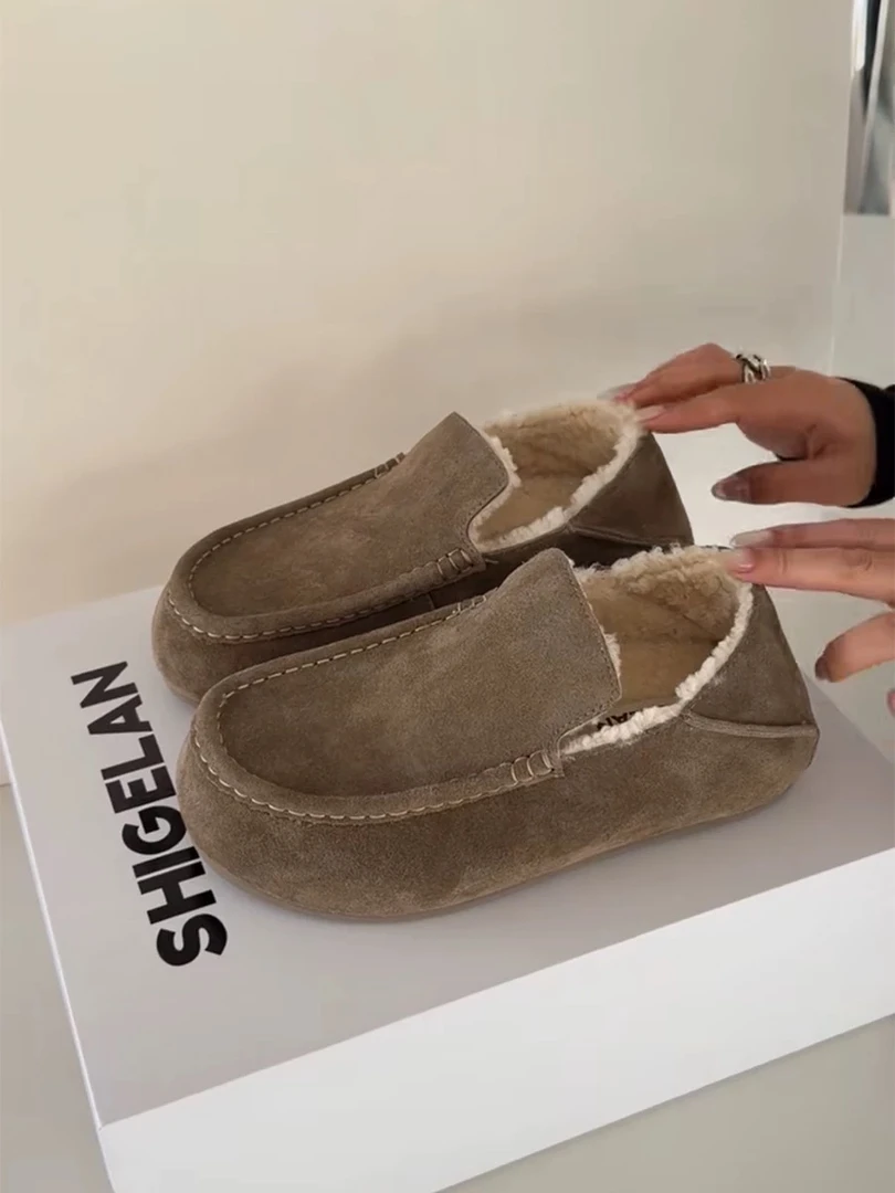 诗歌兰真皮女2025冬季新款时尚复古加绒保暖乐福鞋百搭雪地棉鞋潮