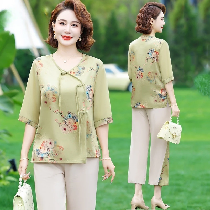 罗蒙中年妈妈夏装短袖洋气套装中老年女装夏季新中式上衣服两件套
