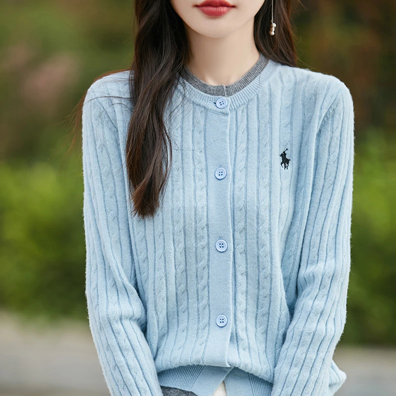 MSPY-6018早春圆领羊毛衫麻花刺绣开衫女宽松外套女百搭气质毛衣