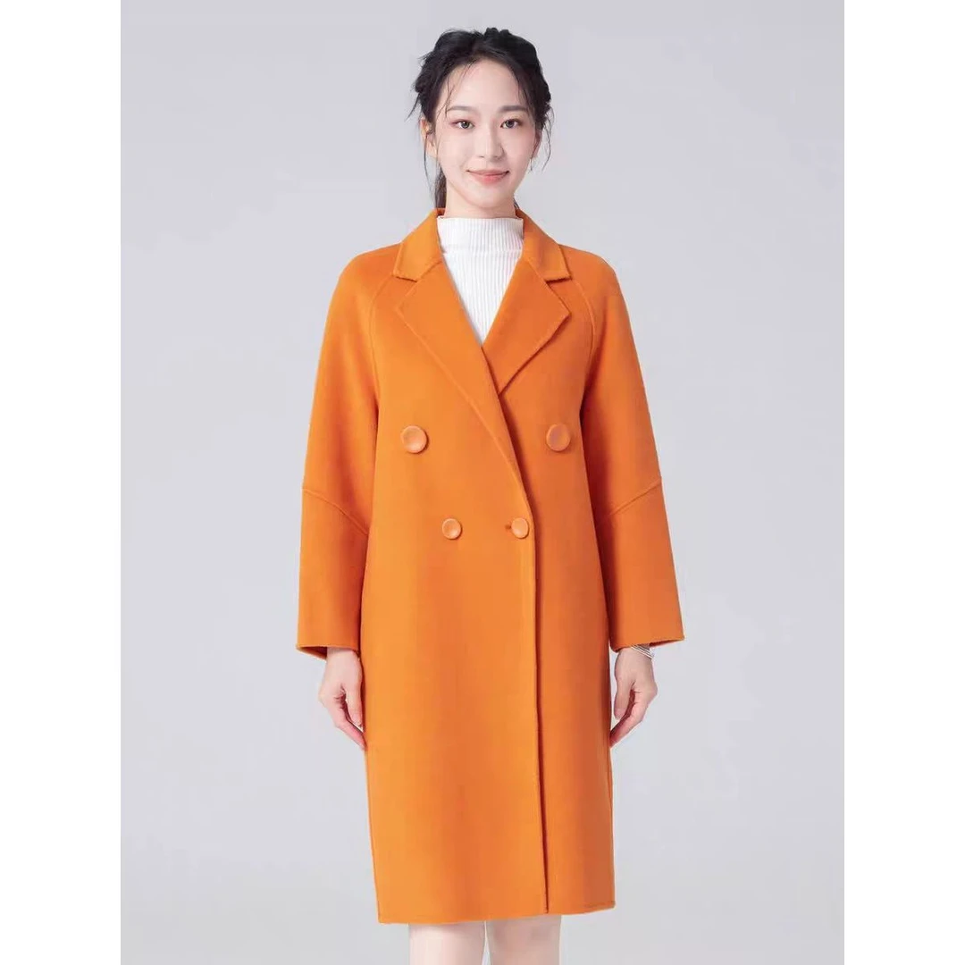 秋冬新款大衣女中长款修身简约双排扣双面毛呢大衣外套M901