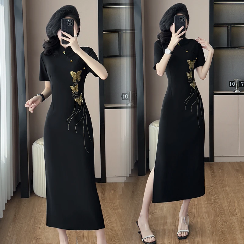 2025夏季新款新中式国风旗袍短袖蝴蝶刺绣时尚显瘦气质连衣裙