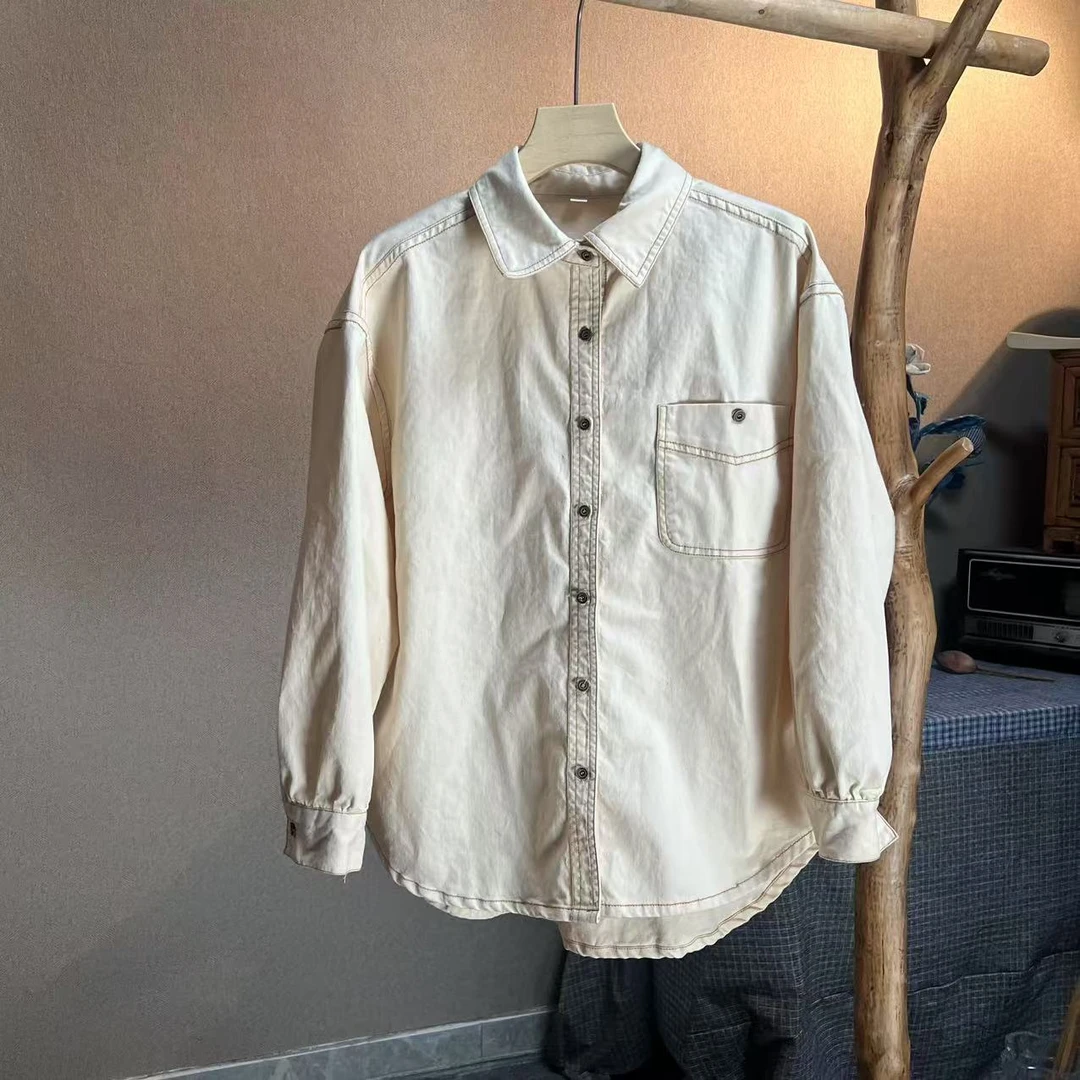 【隐叙原创】YX0898新款百搭时尚明线翻领宽松长袖排扣衬衫上衣