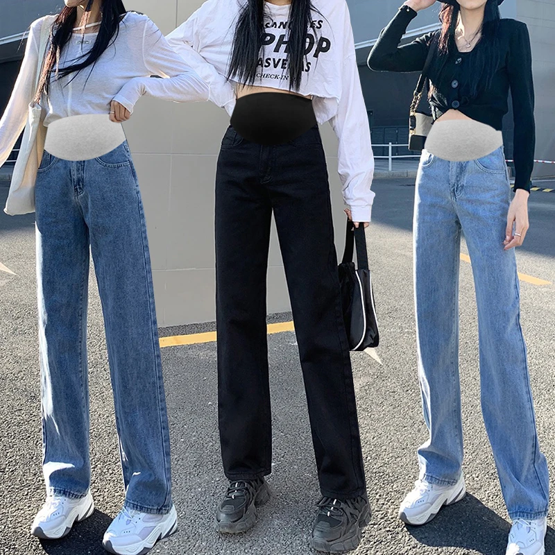 高腰直筒裤春秋款百搭托腹裤阔腿牛仔裤显瘦穿搭孕期大码时尚长裤