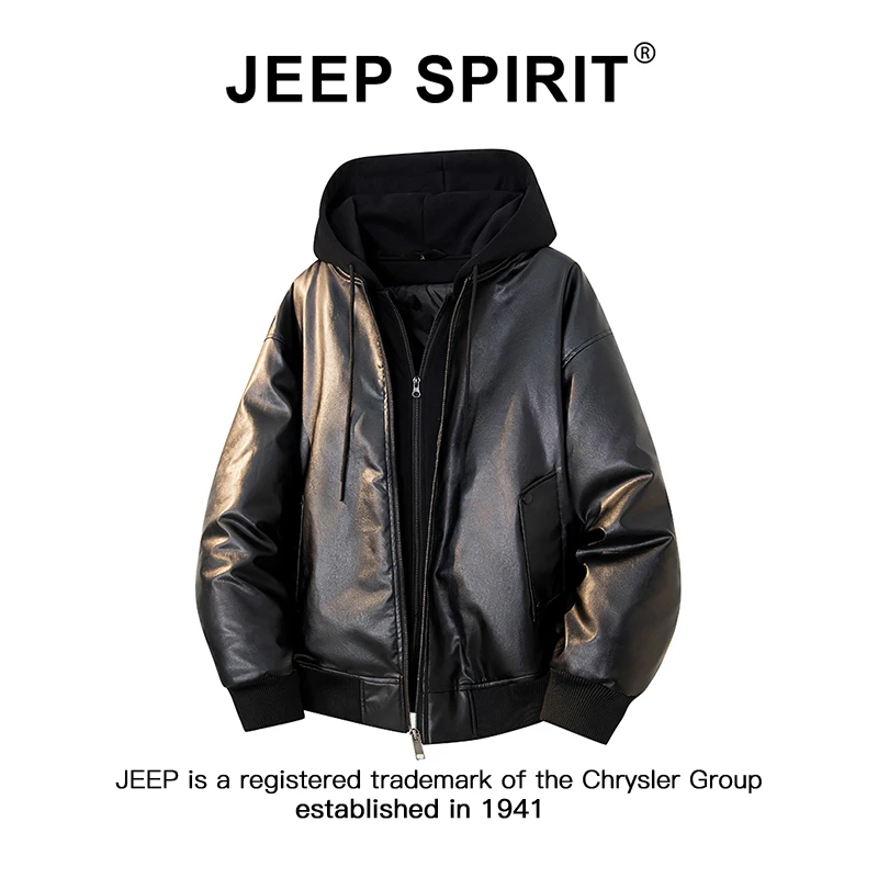 JEEPSPIRIT吉普高街潮流假两件PU皮衣夹克棉服男冬季痞帅连帽外套