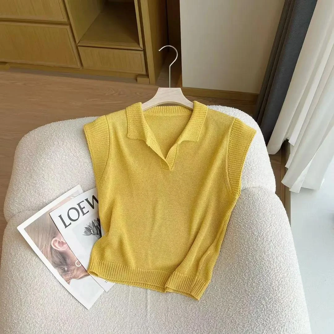 2025春夏新款时尚简约Polo领针织短袖百搭纯色气质上衣韩版镂空