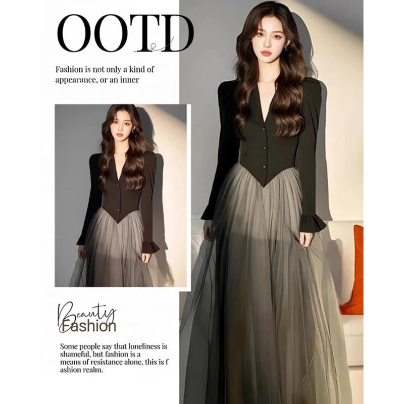 2025年春秋季新款柔V领裙子显瘦气质个性小众设计感温女装连衣裙