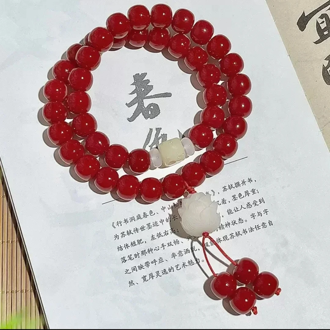 天然樱桃红菩提双圈手串可盘玩解压